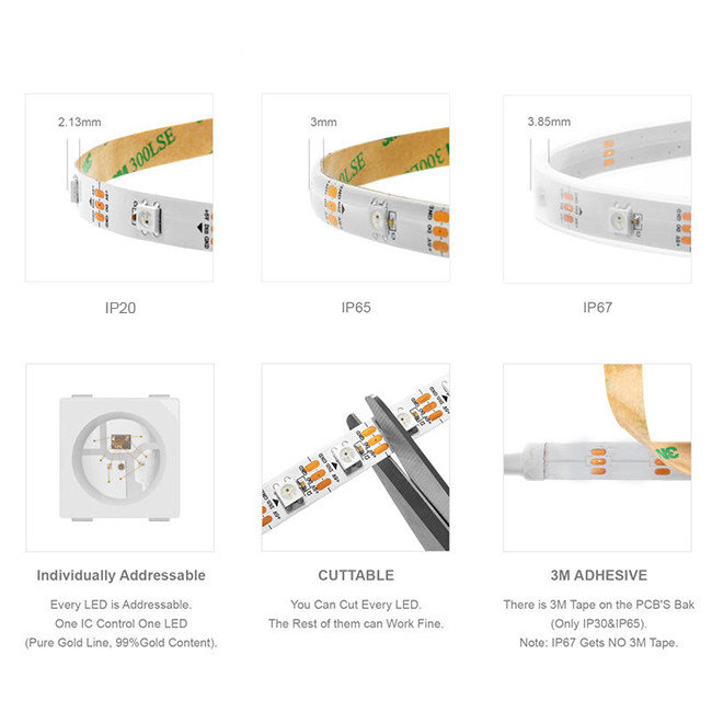 Tira 96 de la luz de la música de Ip20 Ip65 Ip67 Smart LED 100 144leds pixeles flexibles Ws2812b 2
